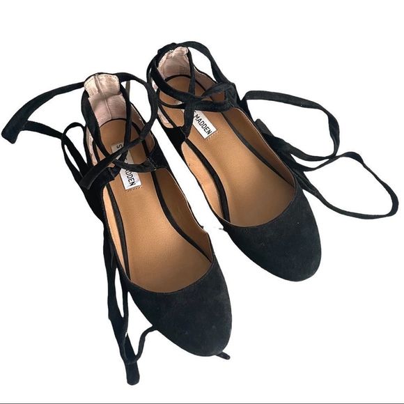 (SOLD) STEVE MADDEN Black Suede Slip On Ballet Flat Shoes With Ankle Ties 7.5 - Picture 4 of 10